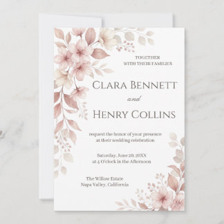 Convite de Casamento Floral em Aquarela Rosa Claro