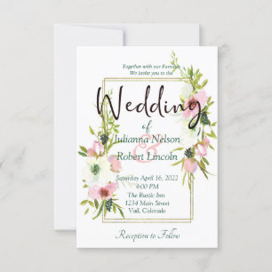 Convite de casamento floral em aquarela rosa e bra