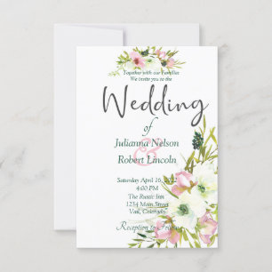 Convite de casamento floral em aquarela rosa e bra