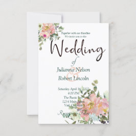 Convite de casamento floral em aquarela rosa e cas