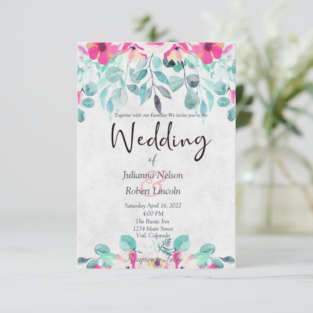 Convite de casamento floral em aquarela rosa para  (Em pé/Frente)