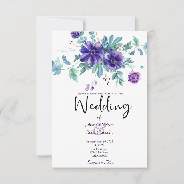 Convite de casamento floral em aquarela roxa (Frente)