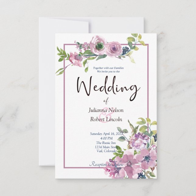 Convite de casamento floral em aquarela roxa (Frente)