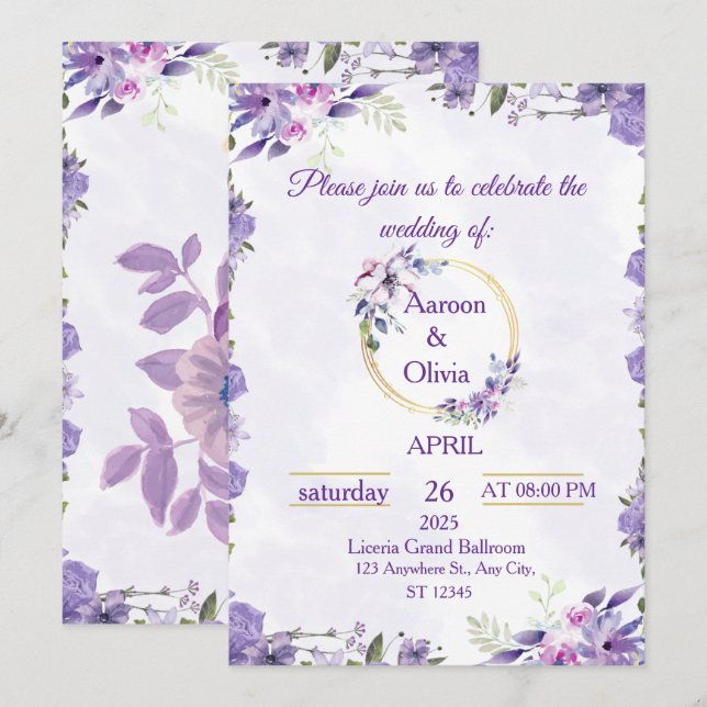 Convite de Casamento Floral em Aquarela Roxa e Dou (Frente/Verso)