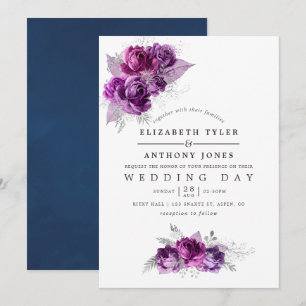 Convite de Casamento Floral em Aquarela Roxo e Azu