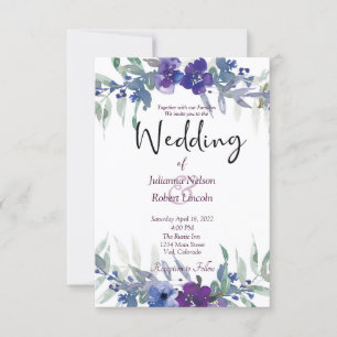 Convite de casamento floral em aquarela roxo e azu