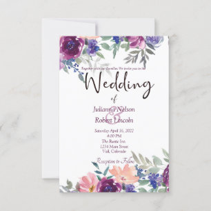 Convite de casamento floral em aquarela roxo e lar