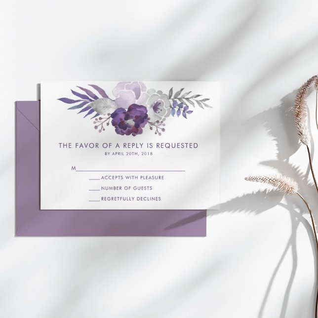 Convite de Casamento Floral em Aquarela Roxo e Pra (Purple and Silver Watercolor Floral Wedding RSVP)