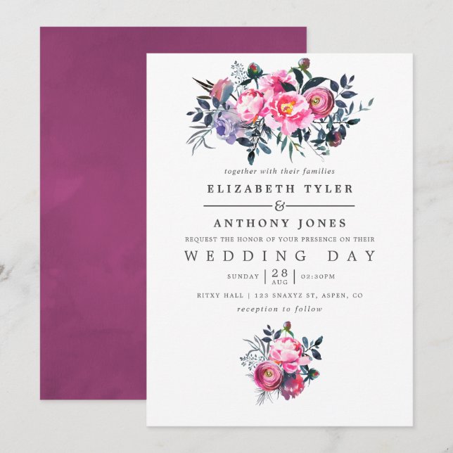 Convite de Casamento Floral em Aquarela Roxo e Ros (Frente/Verso)