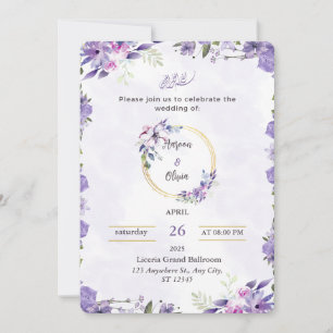 Convite de Casamento Floral em Aquarela Roxo e Ver