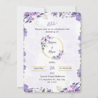 Convite de Casamento Floral em Aquarela Roxo e Ver