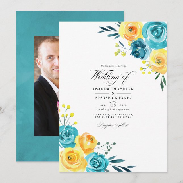 Convite de Casamento Floral em Aquarela Turquesa e (Frente/Verso)