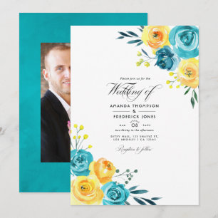 Convite de Casamento Floral em Aquarela Turquesa e