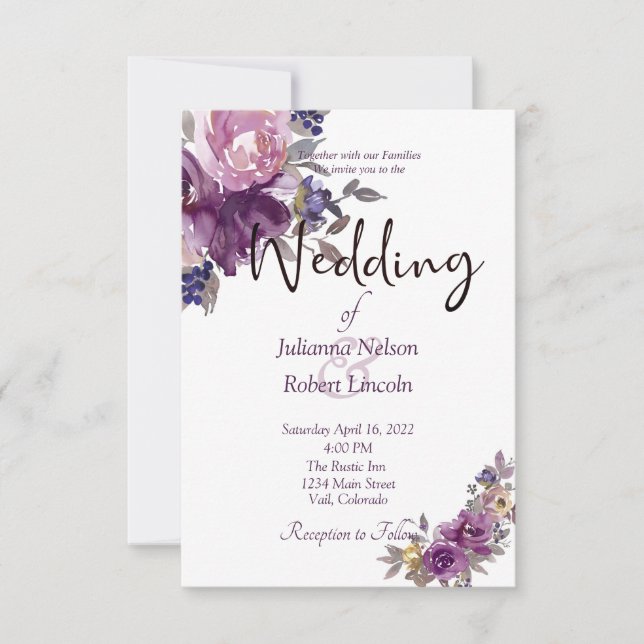 Convite de casamento floral em aquarela violeta (Frente)