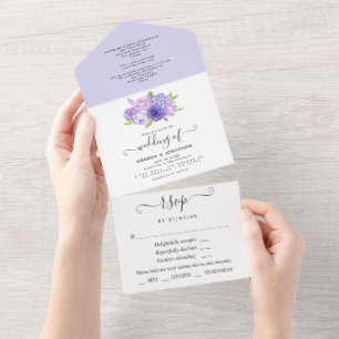 Convite de Casamento Floral em Aquarela Violeta Ul