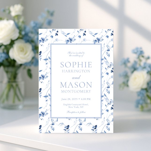Convite de Casamento Floral em Arte Fina Azul Desb (Criador carregado)