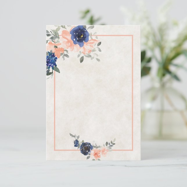 Convite de casamento floral em azul e pêssego com  (Em pé/Frente)