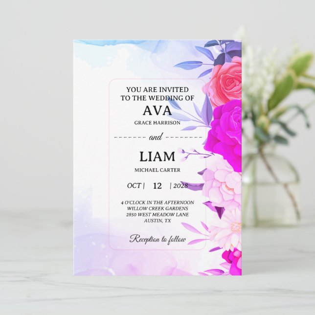 Convite de Casamento Floral em Azul e Turquesa (Em pé/Frente)