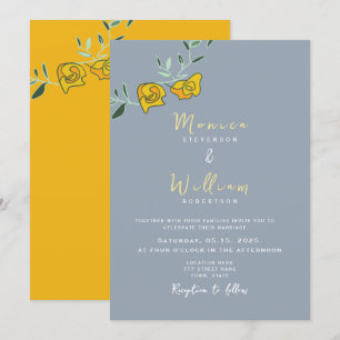 Convite de Casamento Floral em Azul Poeirento e Am