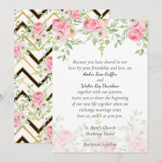 Convite de Casamento Floral em Bege e Verde (Frente/Verso)