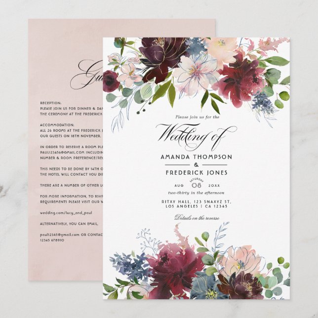 Convite de Casamento Floral em Borgonha, Azul Mari (Frente/Verso)