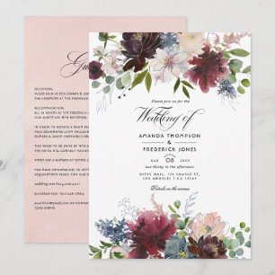 Convite de Casamento Floral em Borgonha, Azul Mari