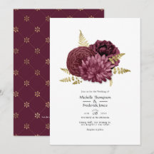 Convite de Casamento Floral em Burgundy e Dourado 