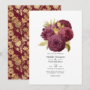 Convite de Casamento Floral em Burgundy e Dourado