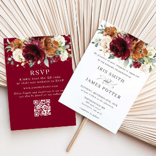 Convite de Casamento Floral em Burgundy, Laranja Q