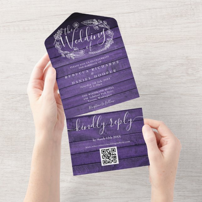 Convite de Casamento Floral em Código QR de Madeir (Aba destacável)