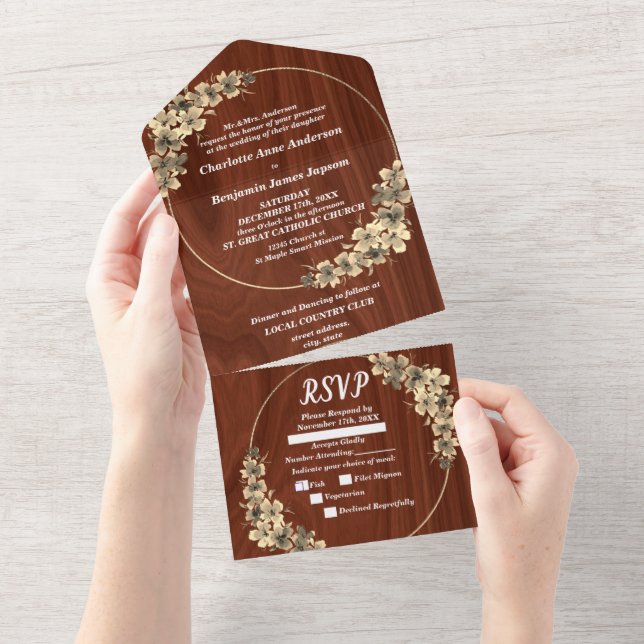 Convite de Casamento Floral em Dourado Rústico Tud (Aba destacável)