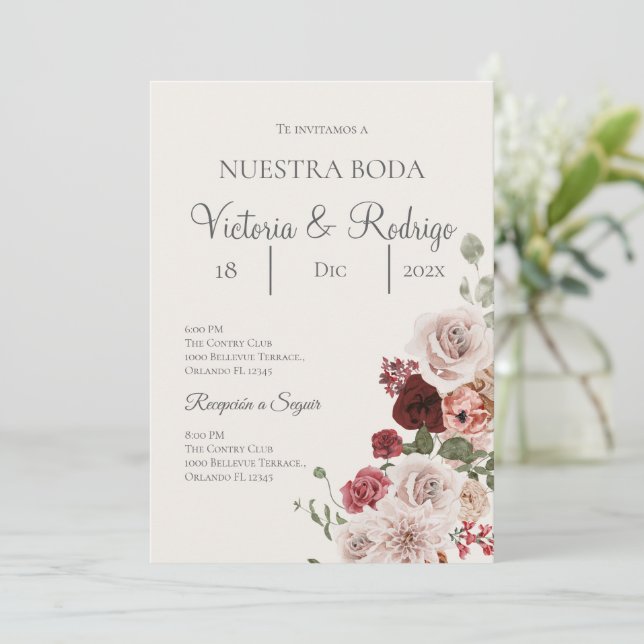 Convite de casamento floral em espanhol (Em pé/Frente)