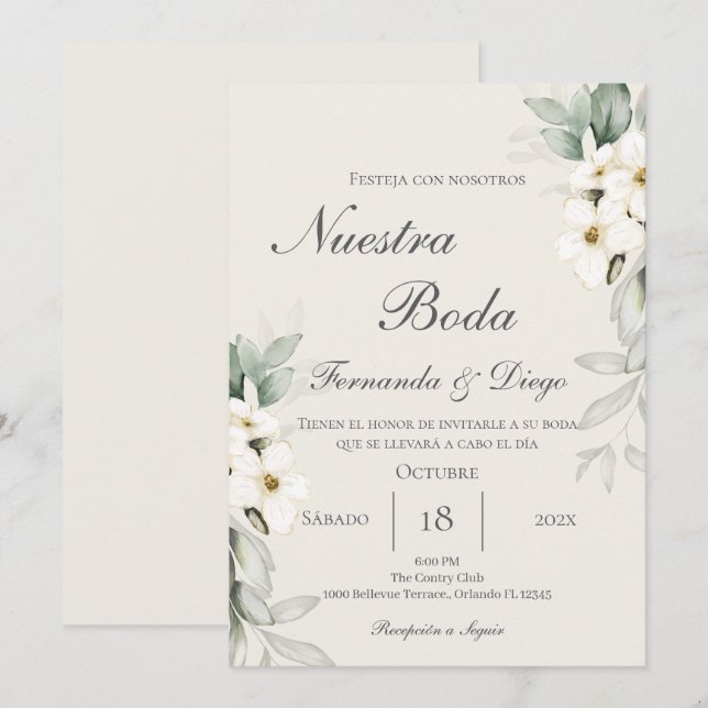 Convite de casamento floral em espanhol (Frente/Verso)