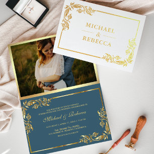 Convite de Casamento Floral em Folha de Ouro Azul