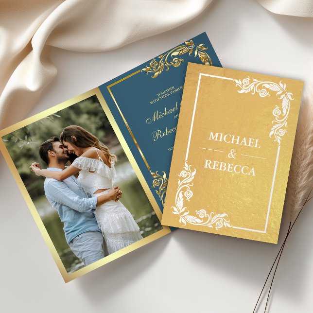 Convite de Casamento Floral em Folha de Ouro Azul (Criador carregado)