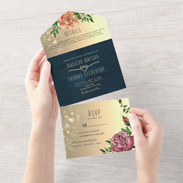 Convite de Casamento Floral em Madeira Rústica Tud (Aba destacável)