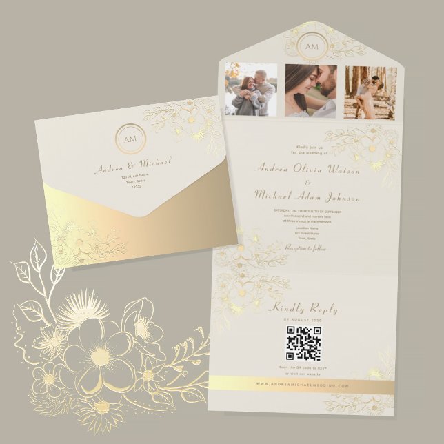 Convite de Casamento Floral em Marfim e Dourado co (Criador carregado)