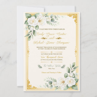 Convite de Casamento Floral em Ouro Elegante