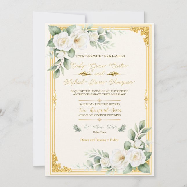 Convite de Casamento Floral em Ouro Elegante (Frente)