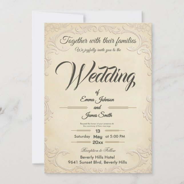 Convite de Casamento Floral Em Relevo Creme Clássi (Frente)