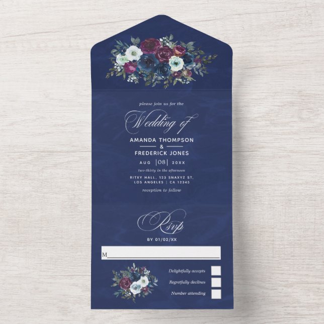 Convite de Casamento Floral em Roxo e Azul Marinho (Interno)