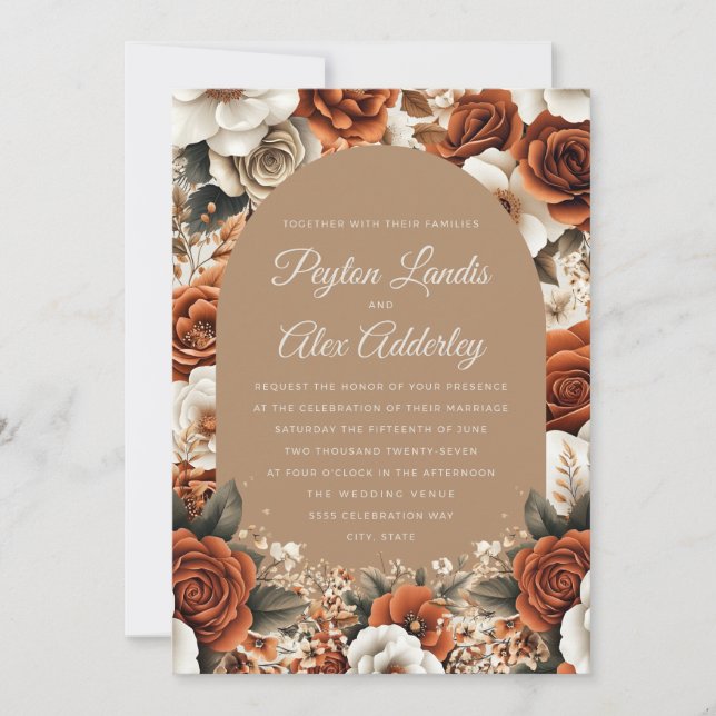 Convite de Casamento Floral em Terracota Taupe em  (Frente)