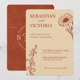 Convite de Casamento Floral em Terracota Vintage -