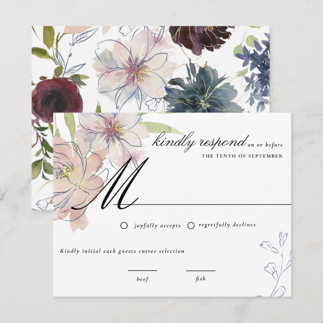 Convite de Casamento Floral em Tons de Joia Sombri (Frente/Verso)