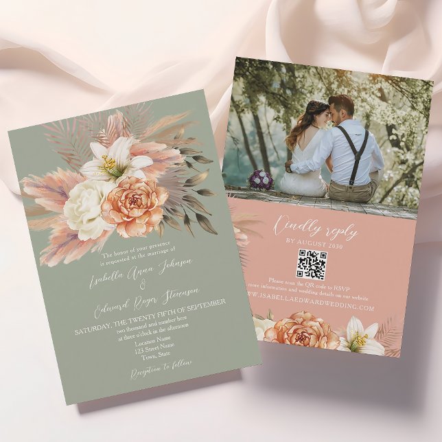 Convite de Casamento Floral em Tons de Pêssego e S (Criador carregado)