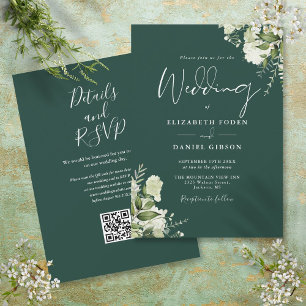 Convite de Casamento Floral em Verde Esmeralda com