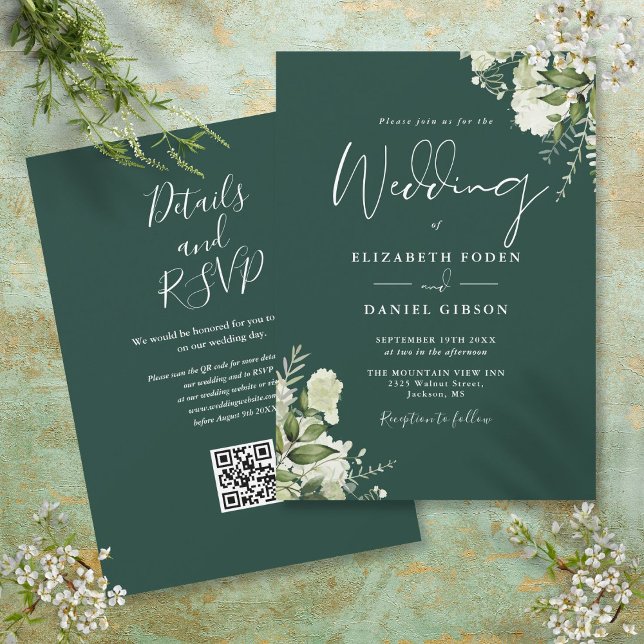 Convite de Casamento Floral em Verde Esmeralda com (Emerald Greenery Floral QR Code Wedding Invitation)