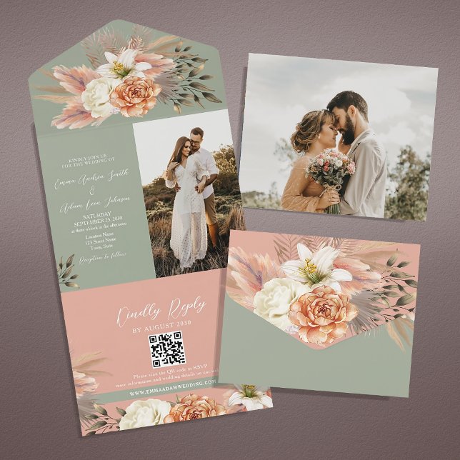 Convite de Casamento Floral em Verde Sage e Pêsseg (Criador carregado)