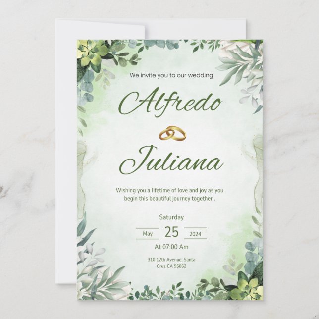Convite de Casamento Floral em Verde Sage Francês  (Frente)