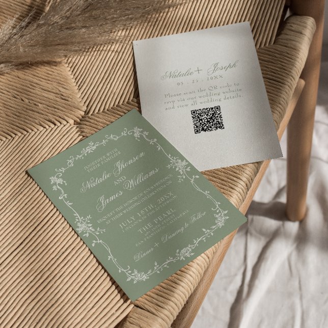 Convite de Casamento Floral em Verde Salvia Boho B (Criador carregado)